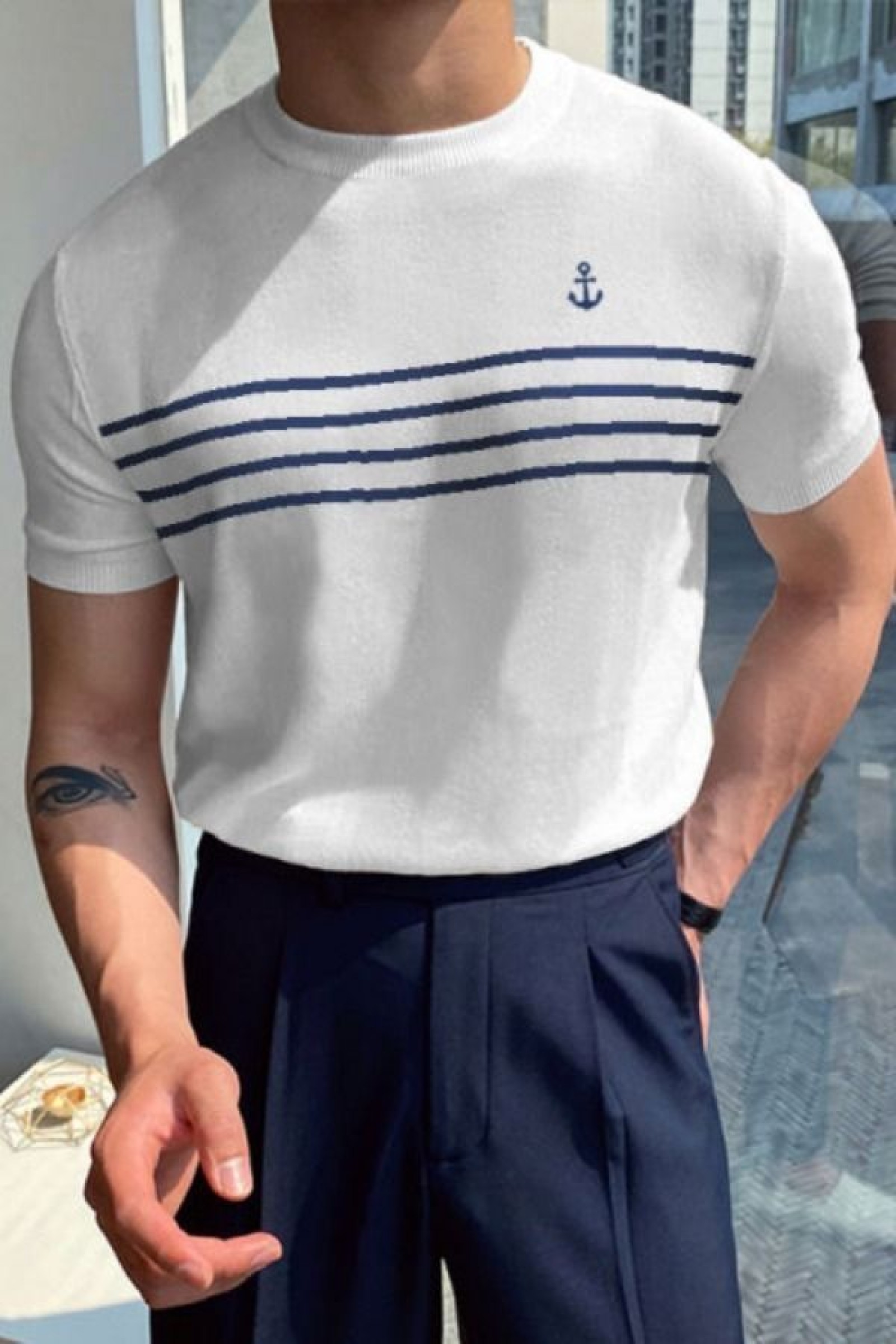 ÁO THUN NAM TRẮNG SỌC XANH